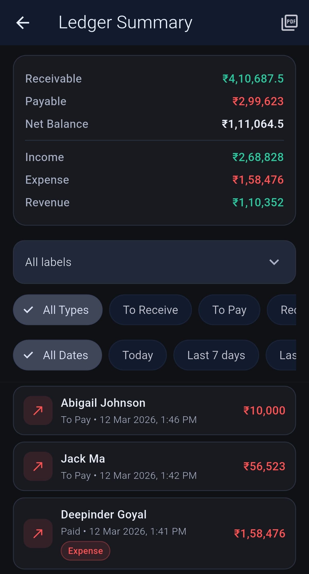 NestContact ledger summary screenshot